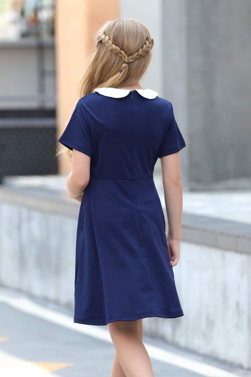 GORLYA Girl's Short Sleeve Casual Vintage Peter Pan Collar Fit and Flare Skater Party Dress with Pockets (GOR1006, 9-10Y, Navy) - Image 2